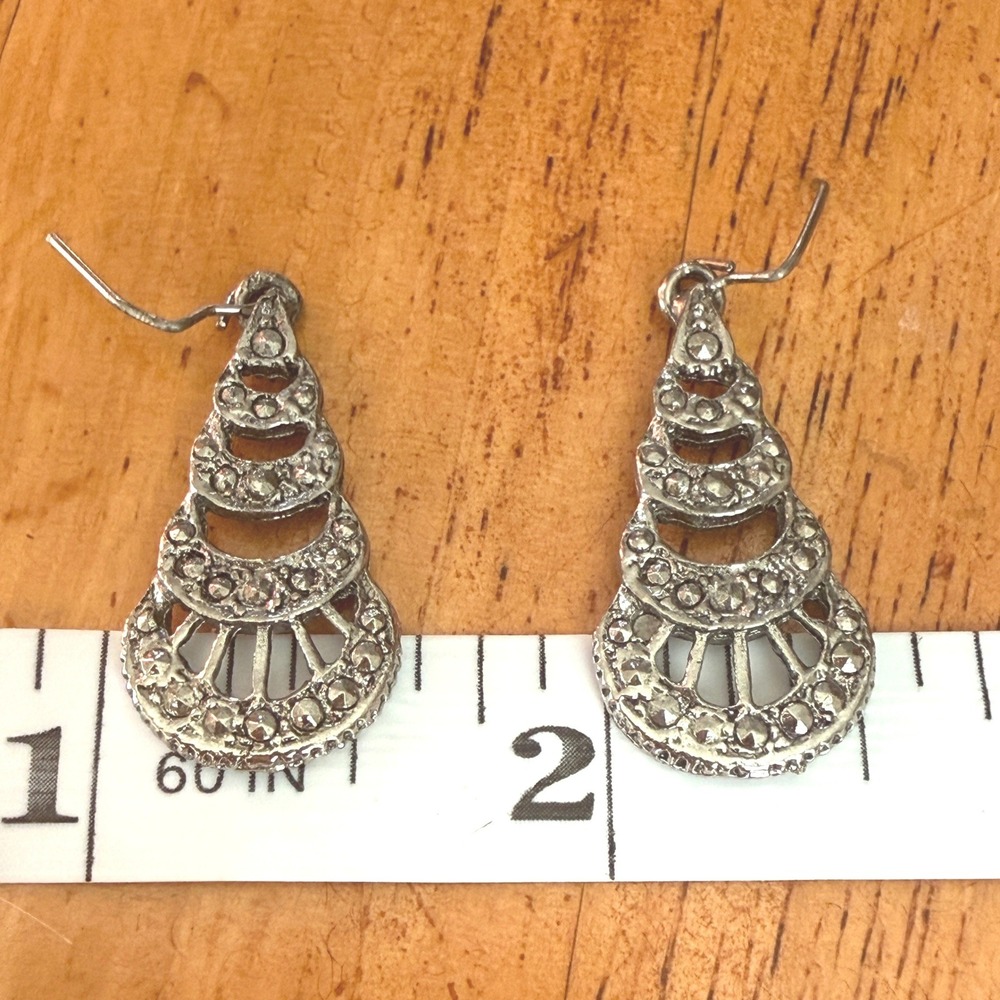 Vintage Marcasite Style Silver Tone Tiered Chandelier Drop Dangle Hook Earrings